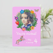 Invitation Cute Unicorn Papillon Fleurs Filles Fête (Debout devant)