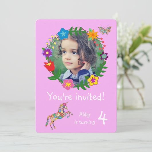Invitation Cute Unicorn Papillon Fleurs Filles Fête (Debout devant)