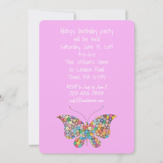 Invitation Cute Unicorn Papillon Fleurs Filles Fête (Dos)