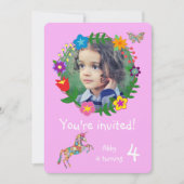 Invitation Cute Unicorn Papillon Fleurs Filles Fête (Devant)