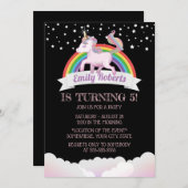 Invitation Cute Unicorn & Rainbow Black Anniversaire (Devant / Derrière)