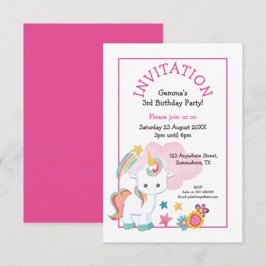Invitation Cute Unicorn rose jeune enfant fête d'anniversaire (Devant / Derrière)