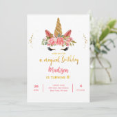 Invitation Cute Unicorn rose or aquarelle Anniversaire (Debout devant)