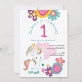 Invitation Cute Unicorn rose Turquoise fille 1er anniversaire (Devant)