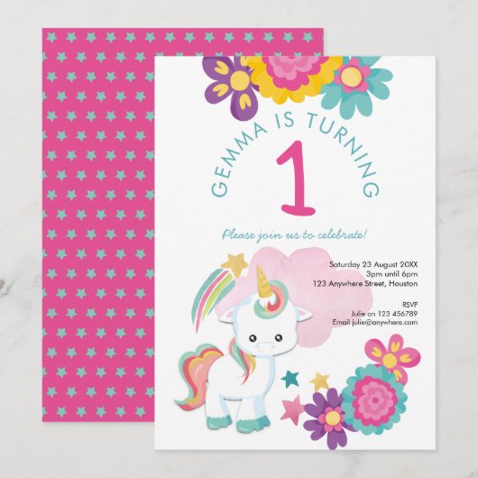 Invitation Cute Unicorn rose Turquoise fille 1er anniversaire (Devant / Derrière)