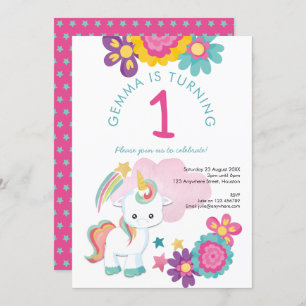Invitation Cute Unicorn rose Turquoise fille 1er anniversaire