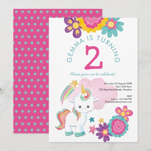 Invitation Cute Unicorn rose Turquoise fille 2e fête d'annive (Devant / Derrière)