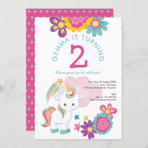 Invitation Cute Unicorn rose Turquoise fille 2e fête d'annive