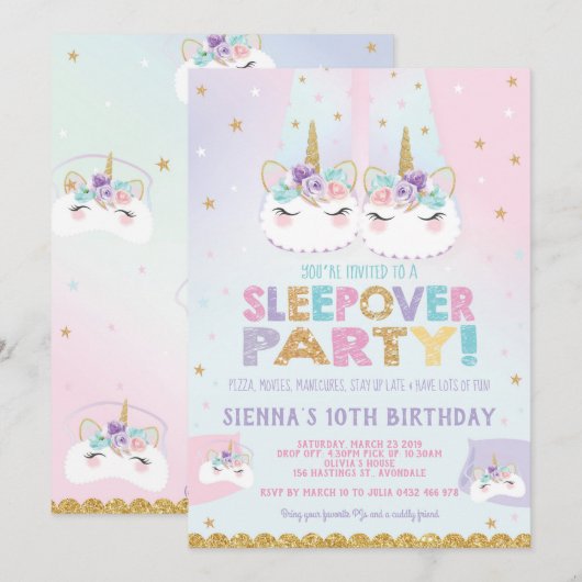 Invitation Cute Unicorn Sleepover Anniversaire Fête Invitatio (Devant / Derrière)