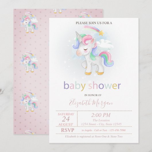 Invitation Cute Unicorn Star Rainbow Baby shower (Devant / Derrière)