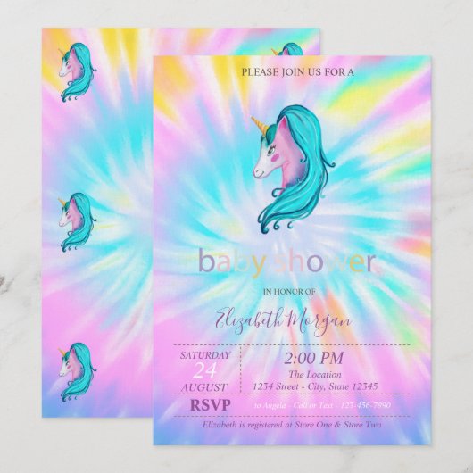 Invitation Cute Unicorn Stars Tie Dye Baby shower (Devant / Derrière)