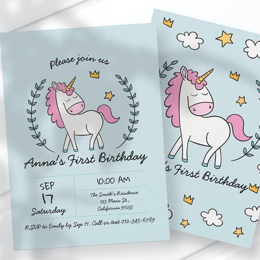 Invitation Cute Unicorn sur Laurels. Anniversaire