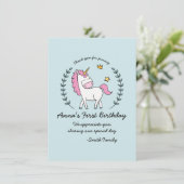 Invitation Cute Unicorn sur Laurels. Anniversaire. Merci. (Debout devant)