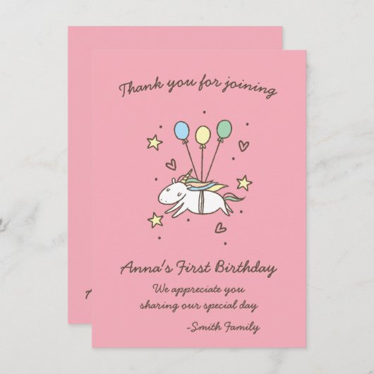 Invitation Cute Unicorn sur Laurels. Anniversaire. Merci. (Devant / Derrière)