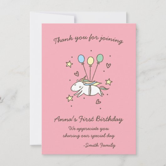 Invitation Cute Unicorn sur Laurels. Anniversaire. Merci. (Devant)