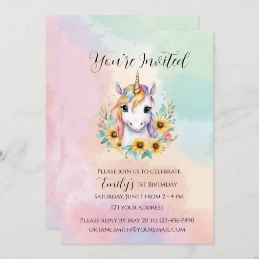 Invitation Cute Unicorn Tournesol Simple 1er anniversaire (Devant / Derrière)