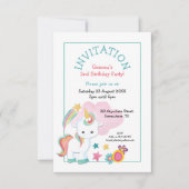 Invitation Cute Unicorn Turquoise rose enfant fête d'annivers (Devant)