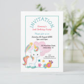 Invitation Cute Unicorn Turquoise rose enfant fête d'annivers (Debout devant)