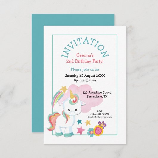 Invitation Cute Unicorn Turquoise rose enfant fête d'annivers (Devant / Derrière)