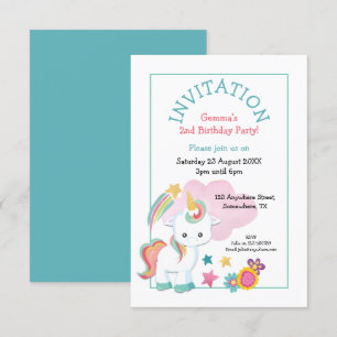 Invitation Cute Unicorn Turquoise rose enfant fête d'annivers