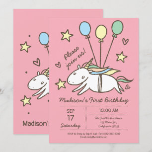 Invitation Cute Unicorn volant sur des ballons Anniversaire