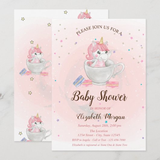 Invitation Cute Unicorne, Macarons, Baby shower Étoiles (Devant / Derrière)