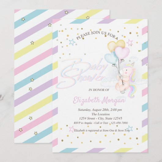 Invitation Cute Unicorne, Nuage, Ballons Étoiles Baby shower (Devant / Derrière)