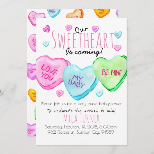 Invitation Cute Valentines Day bonbons coeur baby shower invi (Devant / Derrière)