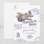 Invitation Cute Vintage Airplane First Birthday Adventure Awa (Devant / Derrière)