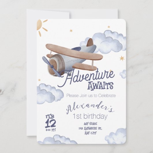Invitation Cute Vintage Airplane First Birthday Adventure Awa (Devant)