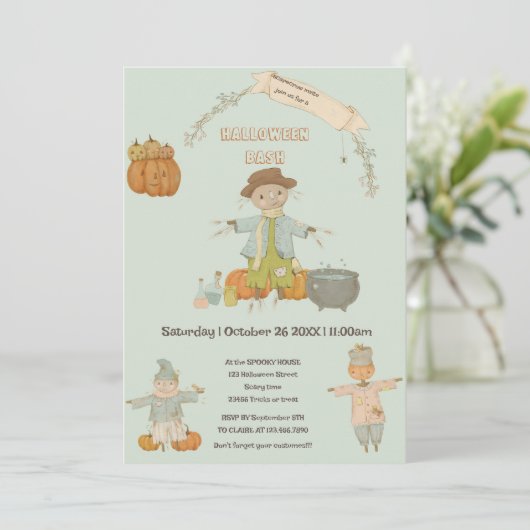 Invitation Cute Vintage épouvantail halloween bash (Debout devant)