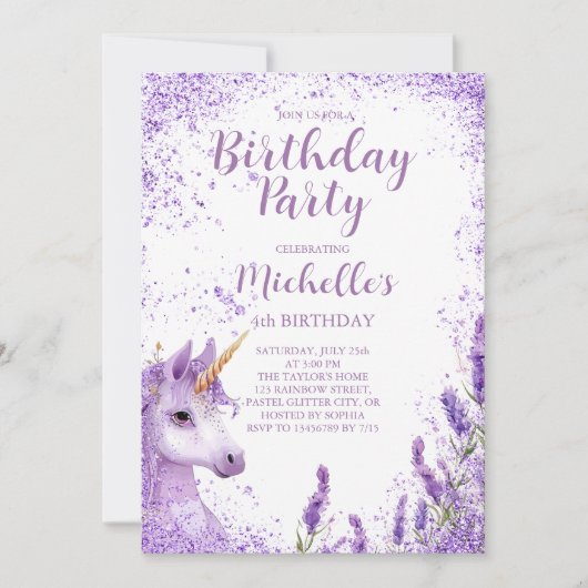 Invitation Cute violet arc-en-ciel Parties scintillant Floral (Devant)