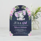 Invitation Cute violet Eléphant Flore Arc Marine Baby shower (Debout devant)