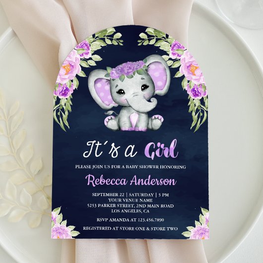 Invitation Cute violet Eléphant Flore Arc Marine Baby shower