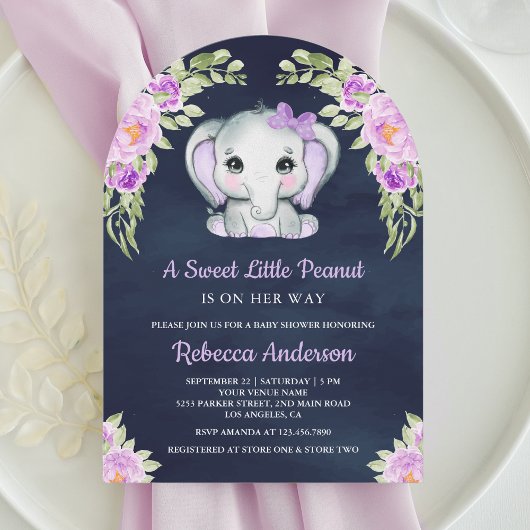 Invitation Cute violet Eléphant Flore Arc Marine Baby shower