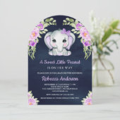 Invitation Cute violet Eléphant Flore Arc Marine Baby shower (Debout devant)