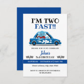Invitation Cute voiture de course blanc et bleu Deux rapide 2 (Devant / Derrière)