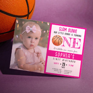 Invitation Cute Watercolor Basketball Photo Girl 1er annivers