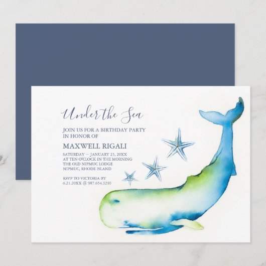 Invitation Cute Watercolor Blue Whale fête d'anniversaire (Devant / Derrière)