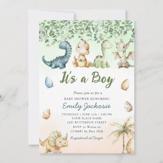 Invitation Cute watercolor Dinosaur 'It's a Boy' Baby Shower (Devant)