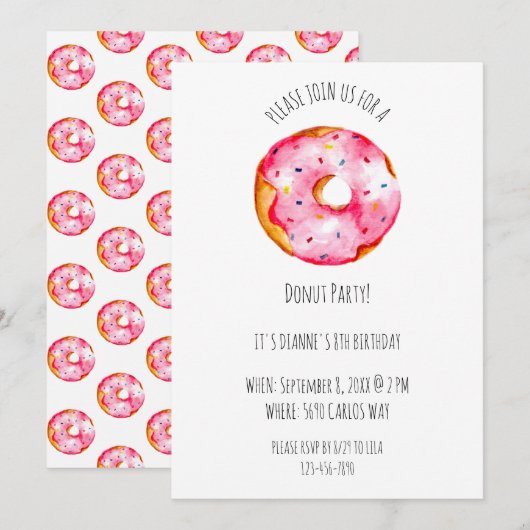 Invitation Cute watercolor Donut pink Glaze birthday (Devant / Derrière)