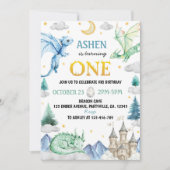 Invitation Cute Watercolor Dragon 1st Birthday (Devant)