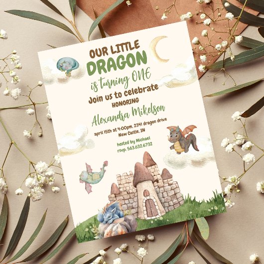 Invitation Cute Watercolor Dragon Baby 1er anniversaire