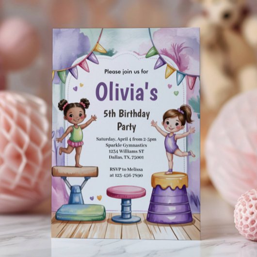 Invitation Cute Watercolor Kids Gymnastics Birthday 