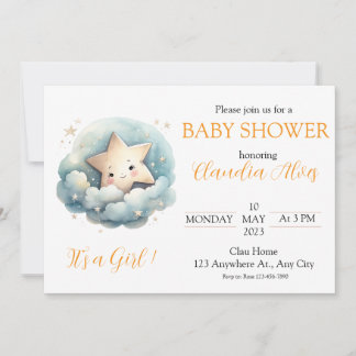 Invitation Cute Watercolor Little Star in Blue Clouds