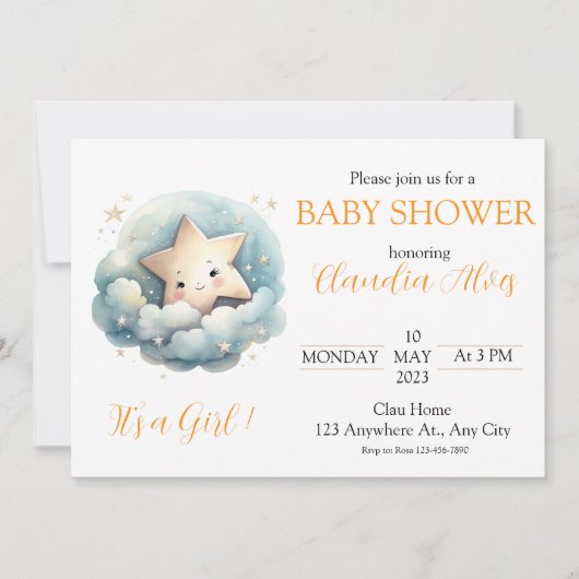 Invitation Cute Watercolor Little Star in Blue Clouds (Devant)