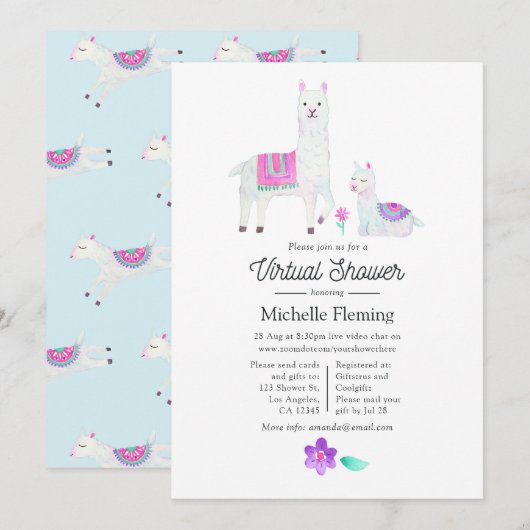 Invitation Cute Watercolor Llama thème Baby shower virtuel (Devant / Derrière)