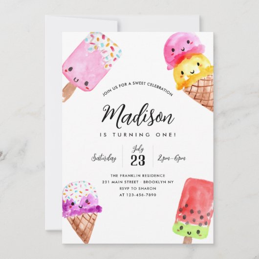 Invitation Cute Watercolor Popsicle Cone Crème de glace Anniv (Devant)
