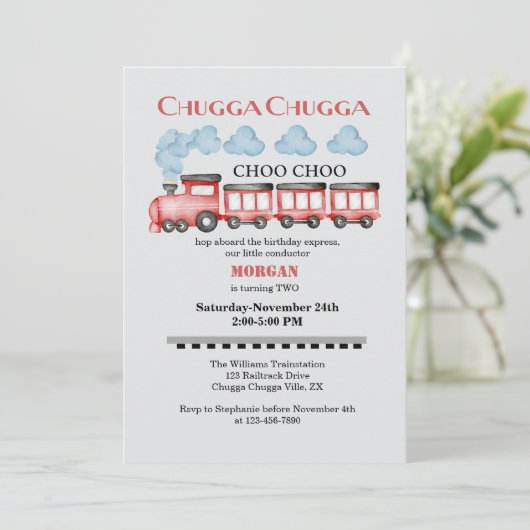Invitation Cute Watercolor Red Train 2e anniversaire (Debout devant)