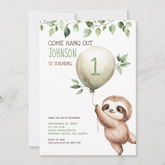 Invitation Cute Watercolor Sloth Kids Birthday Party (Devant)